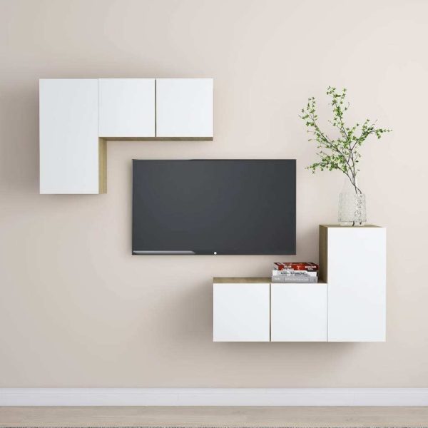Stoneham 4 Piece TV Cabinet Set Engineered Wood – 60x30x30 cm, White and Sonoma Oak