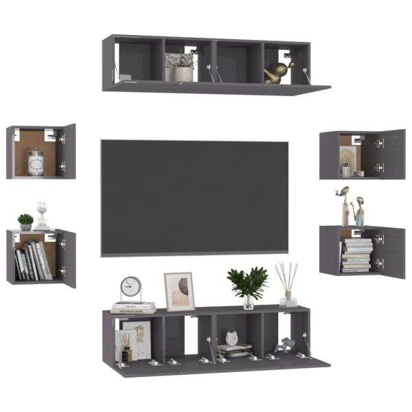 Adams 8 Piece TV Cabinet Set Engineered Wood – 60x30x30 cm (4 pcs), High Gloss Grey