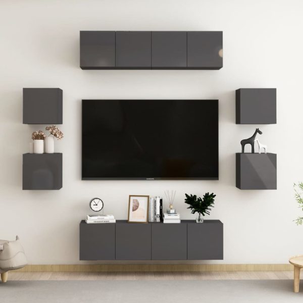 Adams 8 Piece TV Cabinet Set Engineered Wood – 60x30x30 cm (4 pcs), High Gloss Grey