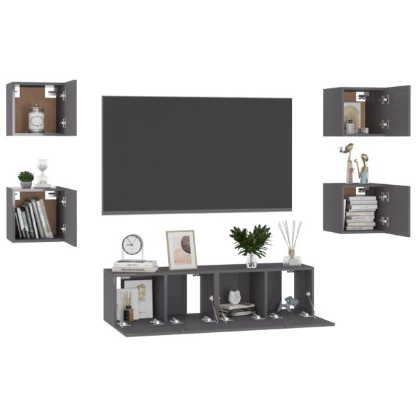 Honiton 6 Piece TV Cabinet Set Engineered Wood – 60x30x30 cm (2 pcs), High Gloss Grey