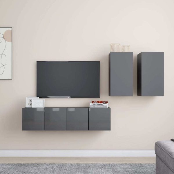 Kingston 4 Piece TV Cabinet Set Engineered Wood – 60x30x30 cm, High Gloss Grey