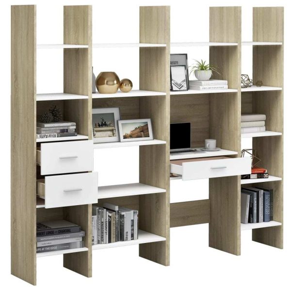 4 Piece Book Cabinet Set Engineered Wood – White and Sonoma Oak