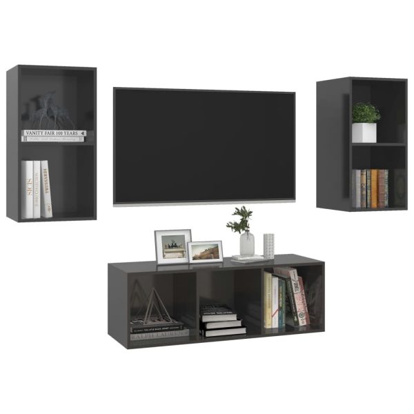 Elmira 3 Piece TV Cabinet Set Engineered Wood – High Gloss Grey