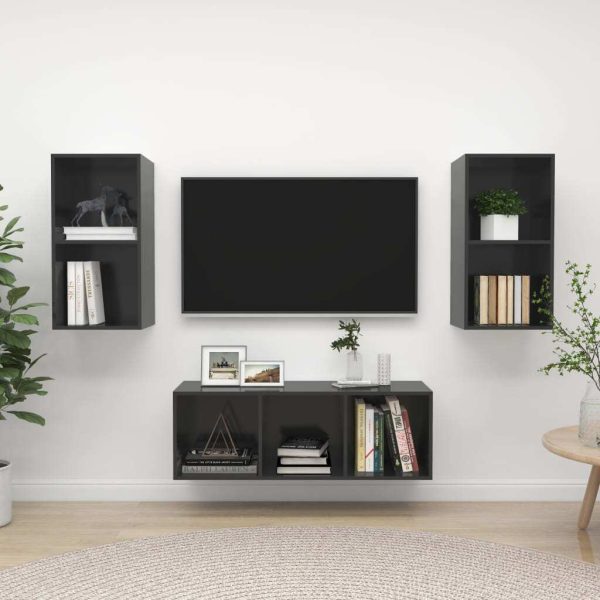 Elmira 3 Piece TV Cabinet Set Engineered Wood – High Gloss Grey