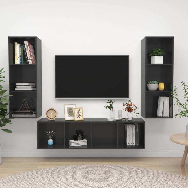 Covina 3 Piece TV Cabinet Set Engineered Wood – High Gloss Grey