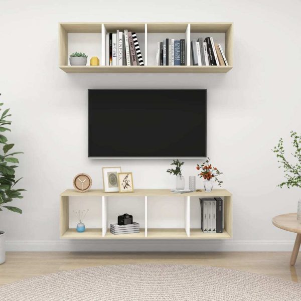 Nain Wall-mounted TV Cabinets 2 pcs Engineered Wood – White and Sonoma Oak