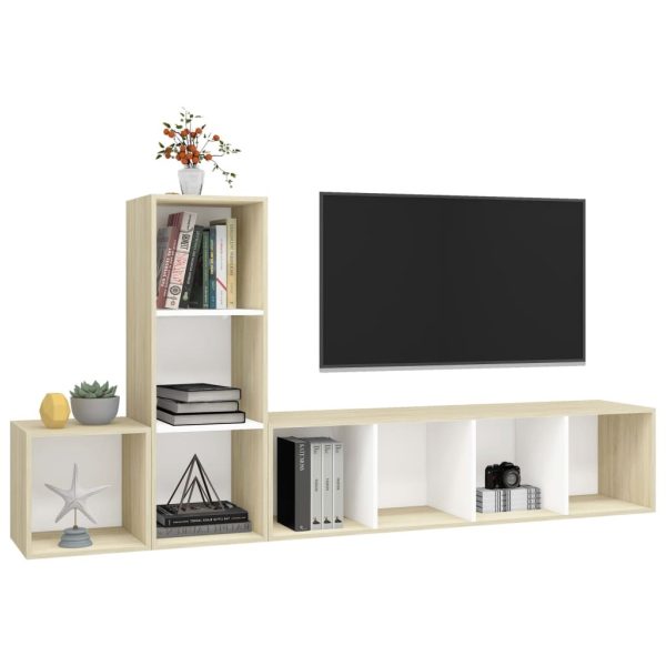 Waukegan 3 Piece TV Cabinet Set Engineered Wood – White and Sonoma Oak