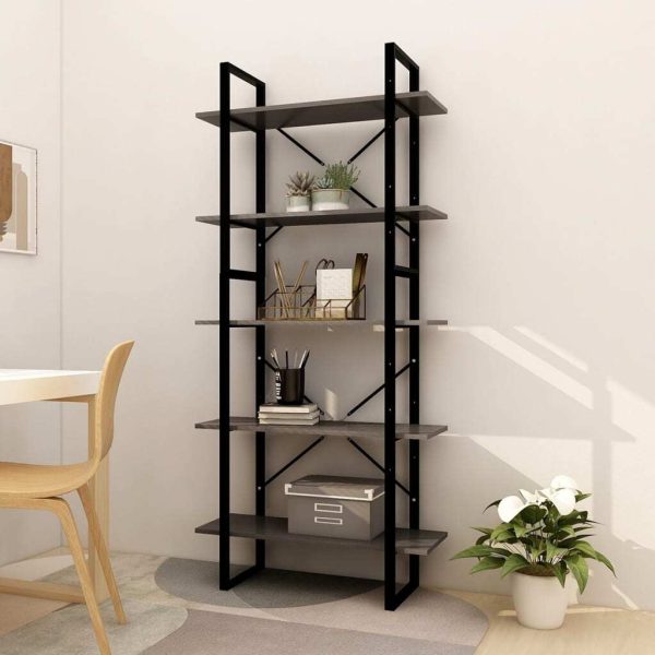 5-Tier Book Cabinet Pinewood – 80x30x175 cm, Grey