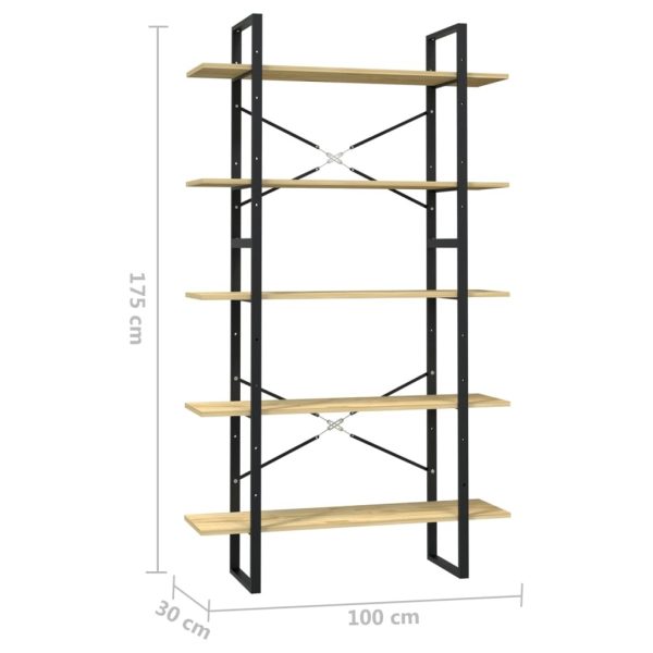 5-Tier Book Cabinet Pinewood – 100x30x175 cm, Black and Light Brown