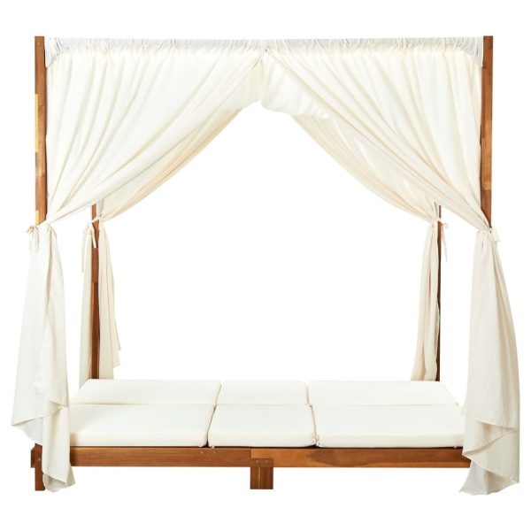 Double Sun Lounger with Curtains & Cushions Solid Acacia Wood – Cream White