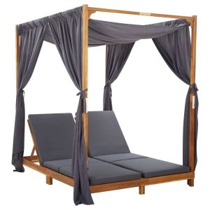Double Sun Lounger with Curtains & Cushions Solid Acacia Wood – Dark Grey