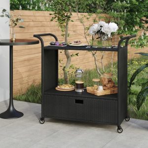 Bar Cart with Drawer 100x45x97 cm Poly Rattan – Black