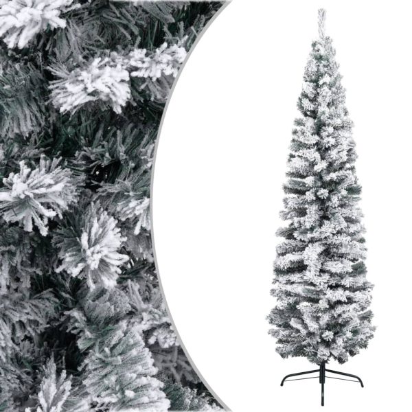 Slim Artificial Christmas Tree with Stand Green PVC – 180×48 cm, With Flocked Snow