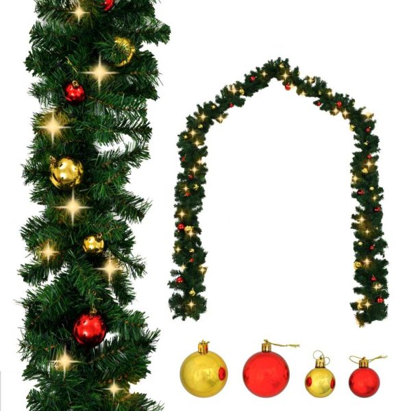 Christmas Garland with Baubles and LED Lights Green PVC