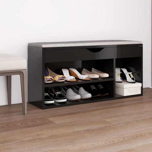Shoe Bench with Cushion 104x30x49 cm Engineered Wood – High Gloss Black