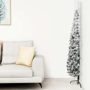 Slim Artificial Half Christmas Tree with Stand – 210×55 cm, White and Green