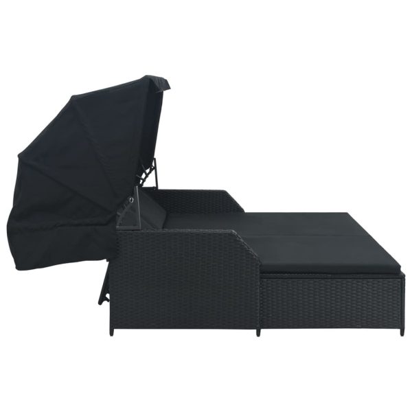 2-Person Sun Lounger with Canopy Poly Rattan – Black