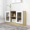 Sideboard 120×30.5×70 cm – White and Sonoma Oak, Engineered Wood And Glass