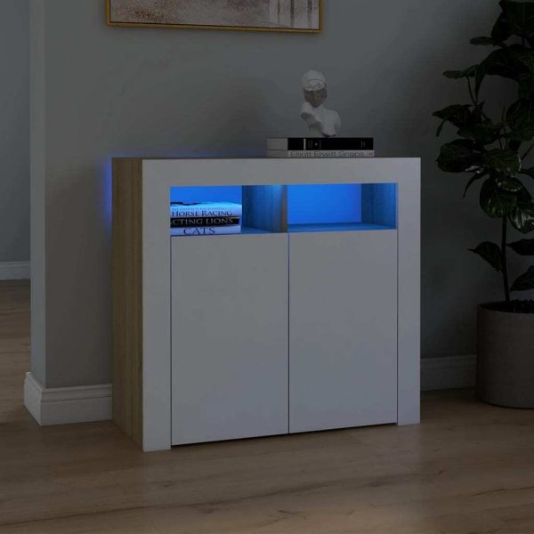 Sideboard with LED Lights – 80x35x75 cm, White and Sonoma Oak
