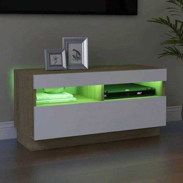 Hounslow TV Cabinet with LED Lights – 80x35x40 cm, White and Sonoma Oak