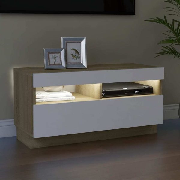 Hounslow TV Cabinet with LED Lights – 80x35x40 cm, White and Sonoma Oak
