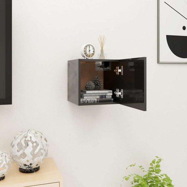 Warrenton Wall Mounted TV Cabinet 30.5x30x30 cm – High Gloss Black, 1