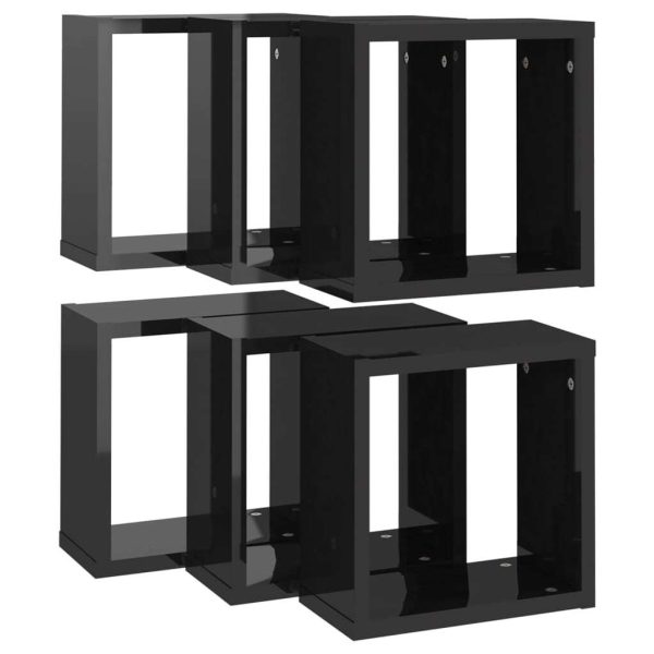 Wall Cube Shelves 6 pcs – 30x15x30 cm, High Gloss Black