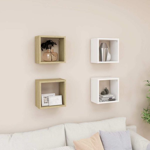 Wall Cube Shelves 4 pcs – 26x15x26 cm, White and Sonoma Oak