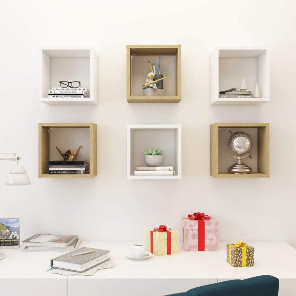 Wall Cube Shelves 6 pcs – 26x15x26 cm, White and Sonoma Oak