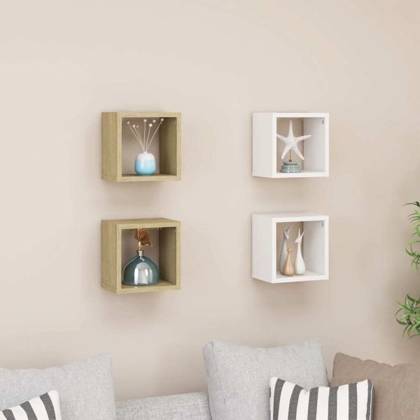 Wall Cube Shelves 4 pcs – 22x15x22 cm, White and Sonoma Oak