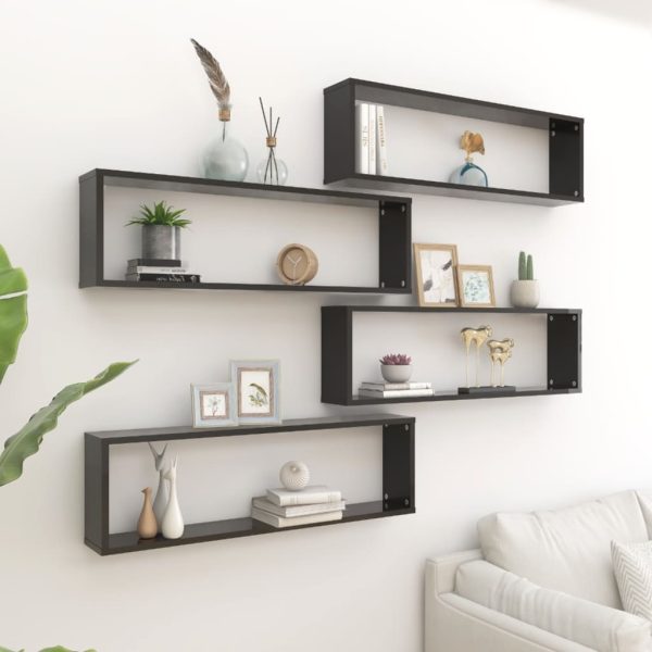 Wall Cube Shelves 4 pcs – 100x15x30 cm, High Gloss Black