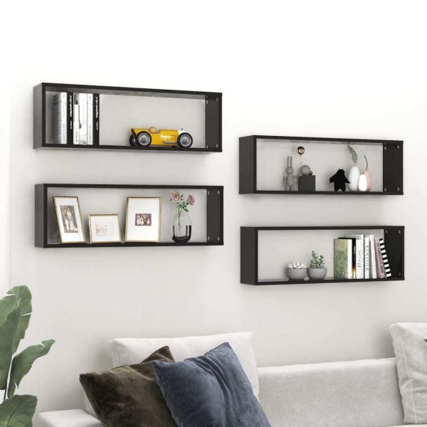 Wall Cube Shelves 4 pcs – 80x15x26.5 cm, High Gloss Black