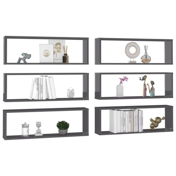 Wall Cube Shelves 6 pcs – 80x15x26.5 cm, High Gloss Grey