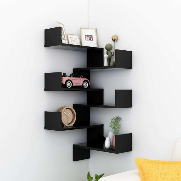 Wall Corner Shelf 40x40x50 cm Engineered Wood – High Gloss Black, 2