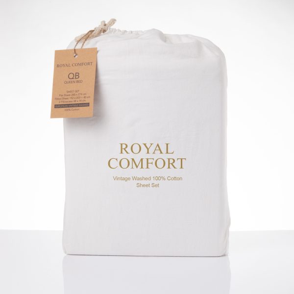 Royal Comfort Vintage Washed 100 % Cotton Sheet Set – SINGLE, White