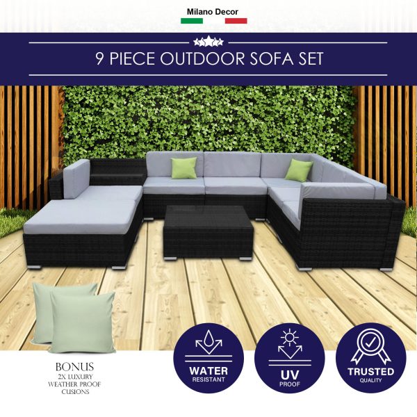 Milano Outdoor 9 Piece Rattan Sofa Set – Black Coating & Grey Seats – Black