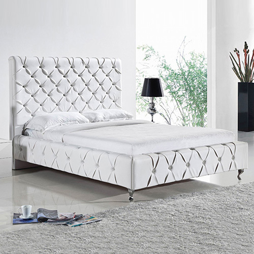 Dublin Queen Size Bed Frame in Faux Leather Crystal Tufted High Bedhead Bentwood Slat – White