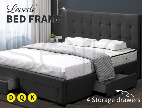 Shaugh Bed Frame Base With Storage Drawer Mattress Wooden Fabric – Dark Grey, DOUBLE