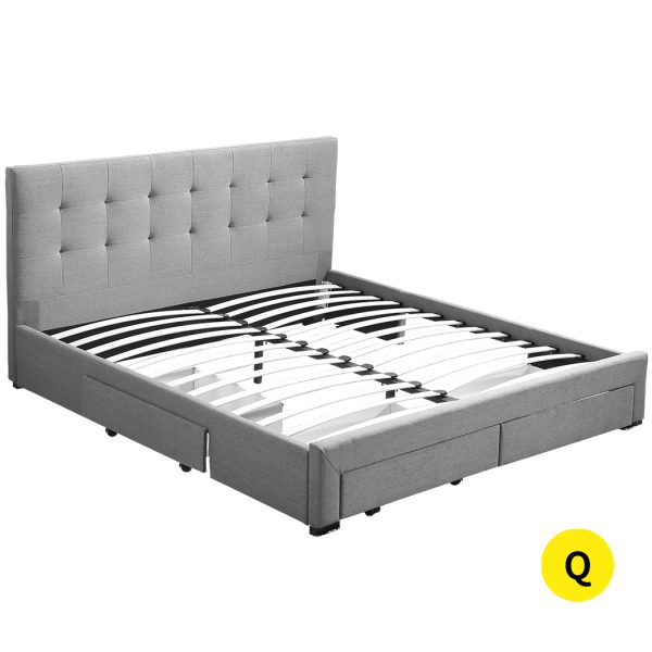 Shaugh Bed Frame Base With Storage Drawer Mattress Wooden Fabric – QUEEN, Grey
