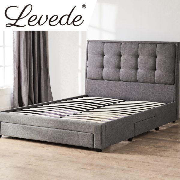 Linden Storage Bed Frame Queen Size Base with Three Drawers Cotton Grey