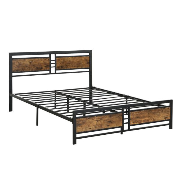 Alpine Metal Bed Frame Mattress Base Platform Wooden Headboard – QUEEN, Brown