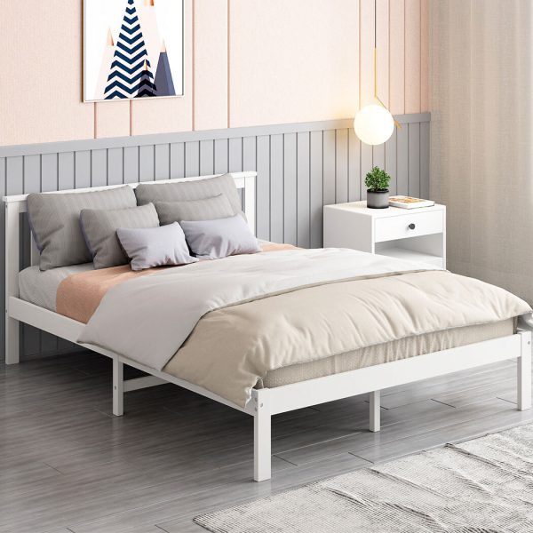 Amesbury Wooden Bed Frame Full Size Mattress Base Timber – QUEEN, White