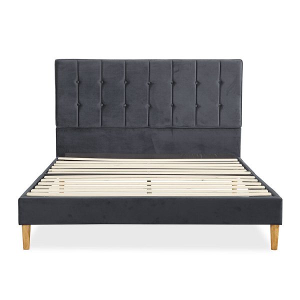 Bed Frame Mattress Base Platform Wooden Velevt Headboard – QUEEN, Grey