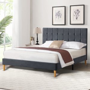 Bed Frame Mattress Base Platform Wooden Velevt Headboard – QUEEN, Grey