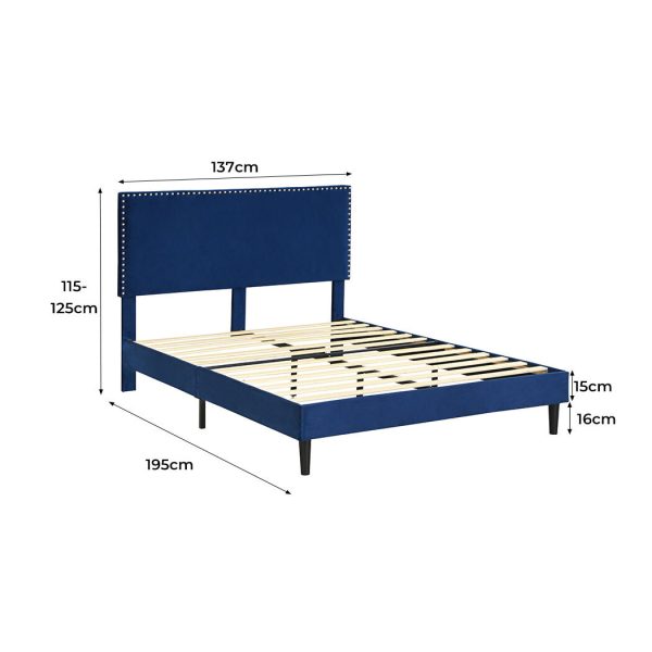 Nurom Bed Frame Mattress Base Platform Wooden Velevt Headboard – DOUBLE, Blue