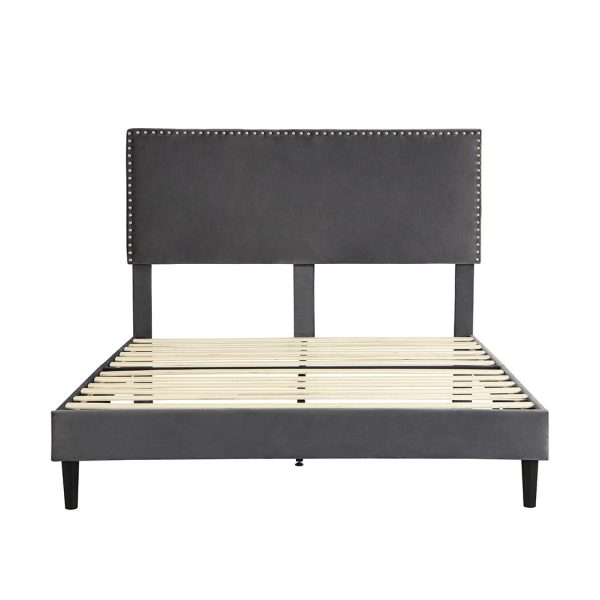 Nurom Bed Frame Mattress Base Platform Wooden Velevt Headboard – QUEEN, Grey