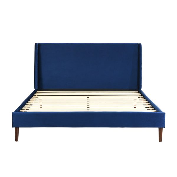 Abram Bed Frame Queen Size Mattress Base Platform Wooden Velevt Headboard Blue