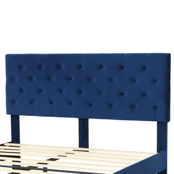 Air Bed Frame Mattress Base Platform Wooden Velevt Headboard – DOUBLE, Blue