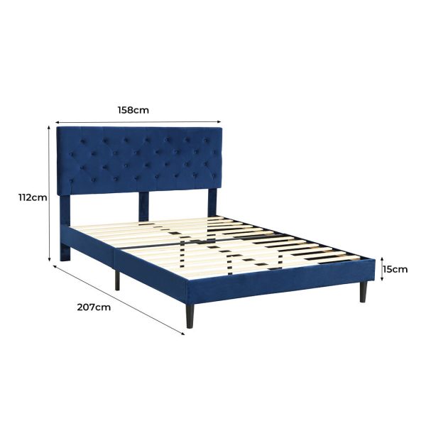 Air Bed Frame Mattress Base Platform Wooden Velevt Headboard – QUEEN, Blue