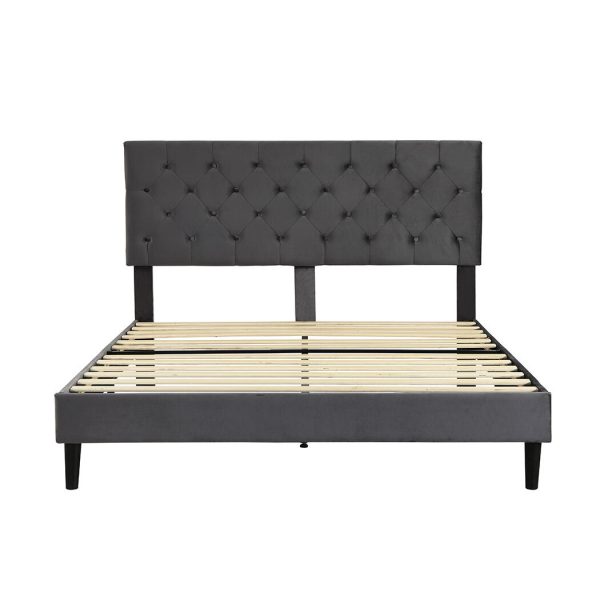 Air Bed Frame Mattress Base Platform Wooden Velevt Headboard – QUEEN, Grey